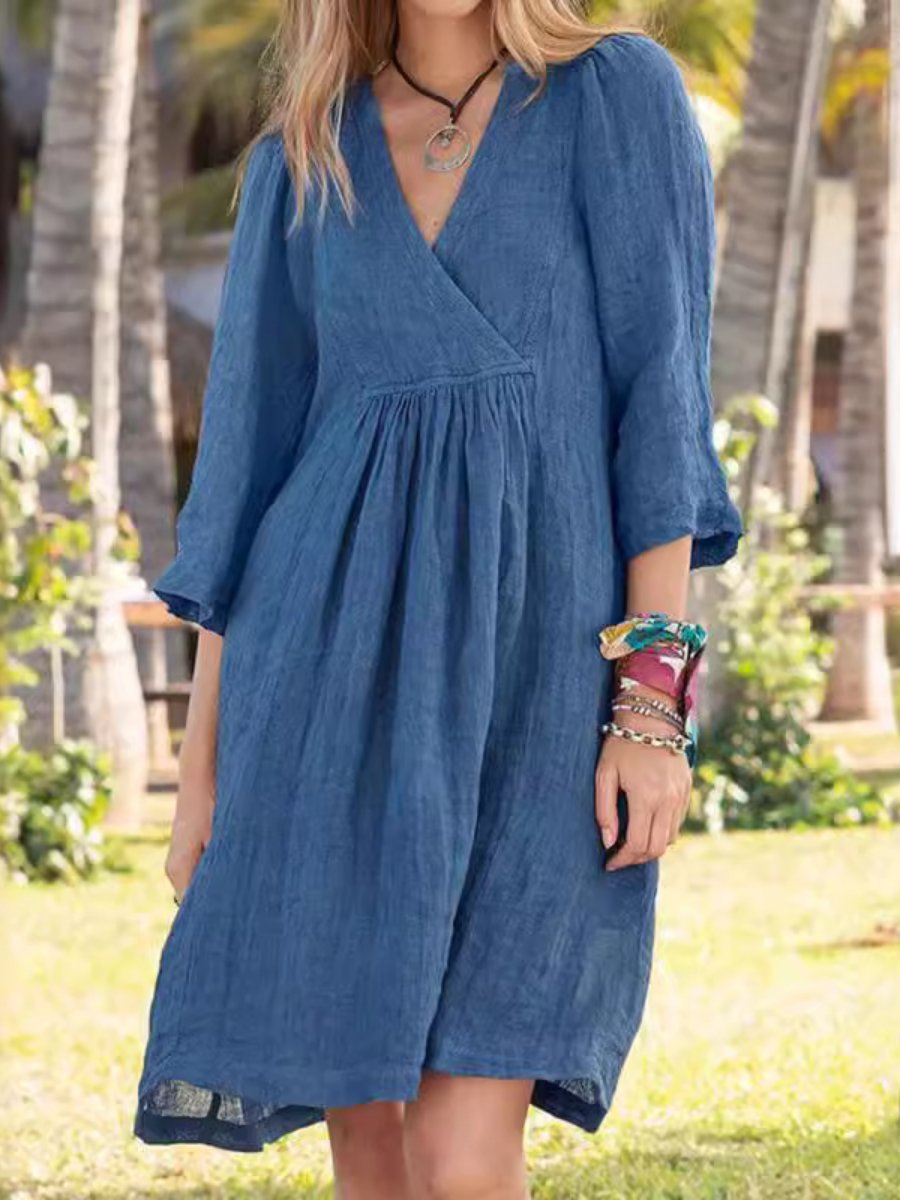 V-neck Cotton and Linen Casual Dress