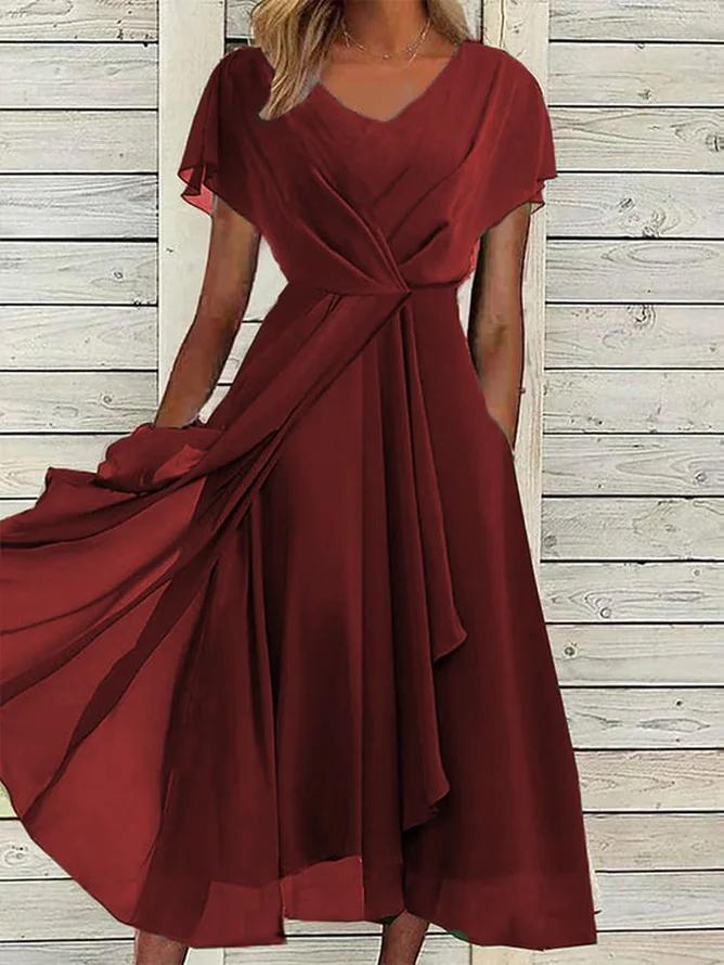 V-neck Pleated Solid Color Chiffon Dress