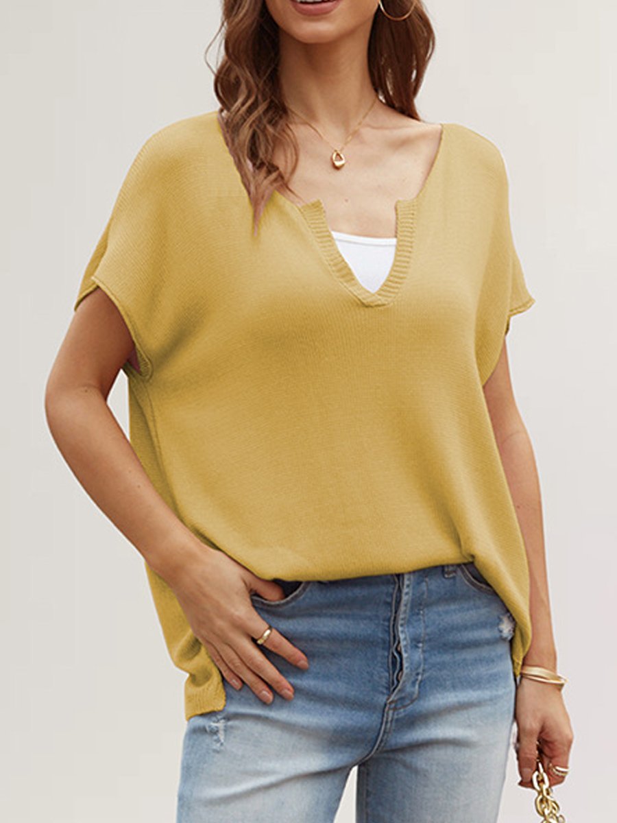 V-neck Solid Color Slit Loose Short-sleeved Sweater T-shirt