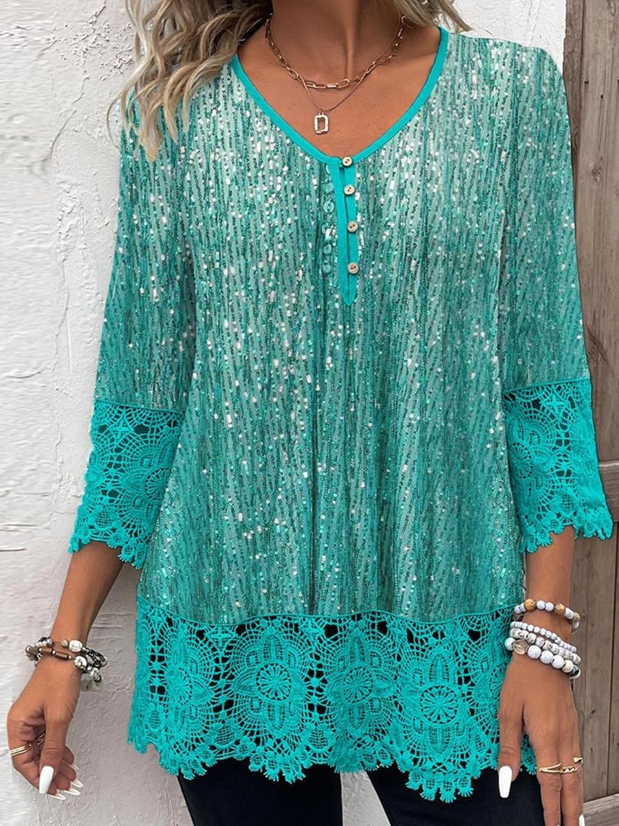 V-Neck Printed Lace T-Shirt