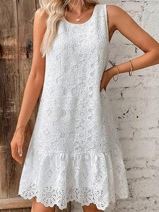 Round Neck Embroidered Sleeveless Ruffle Dress