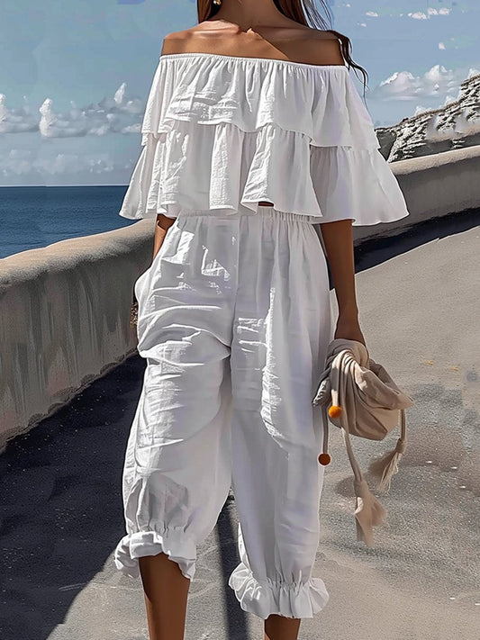 Casual Off-Shoulder Ruffled T-Shirt Cotton Linen Pants