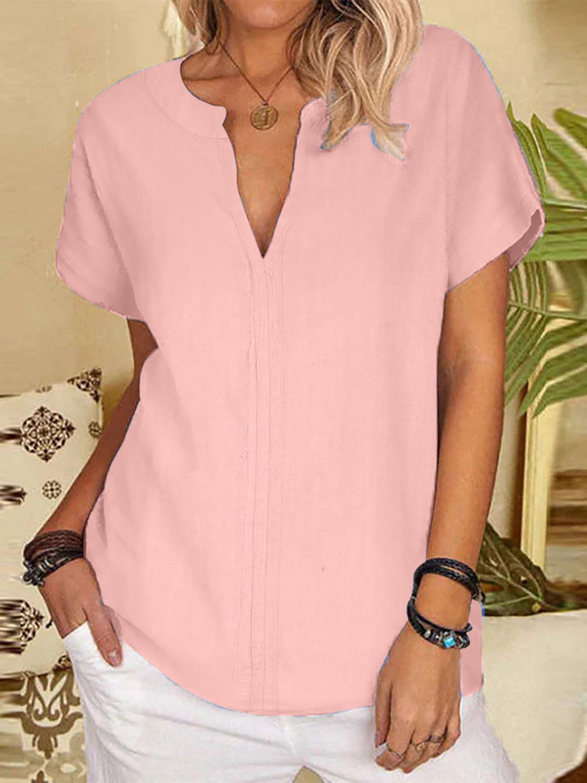 Basic V-neck Solid Color Short Sleeves T-shirt