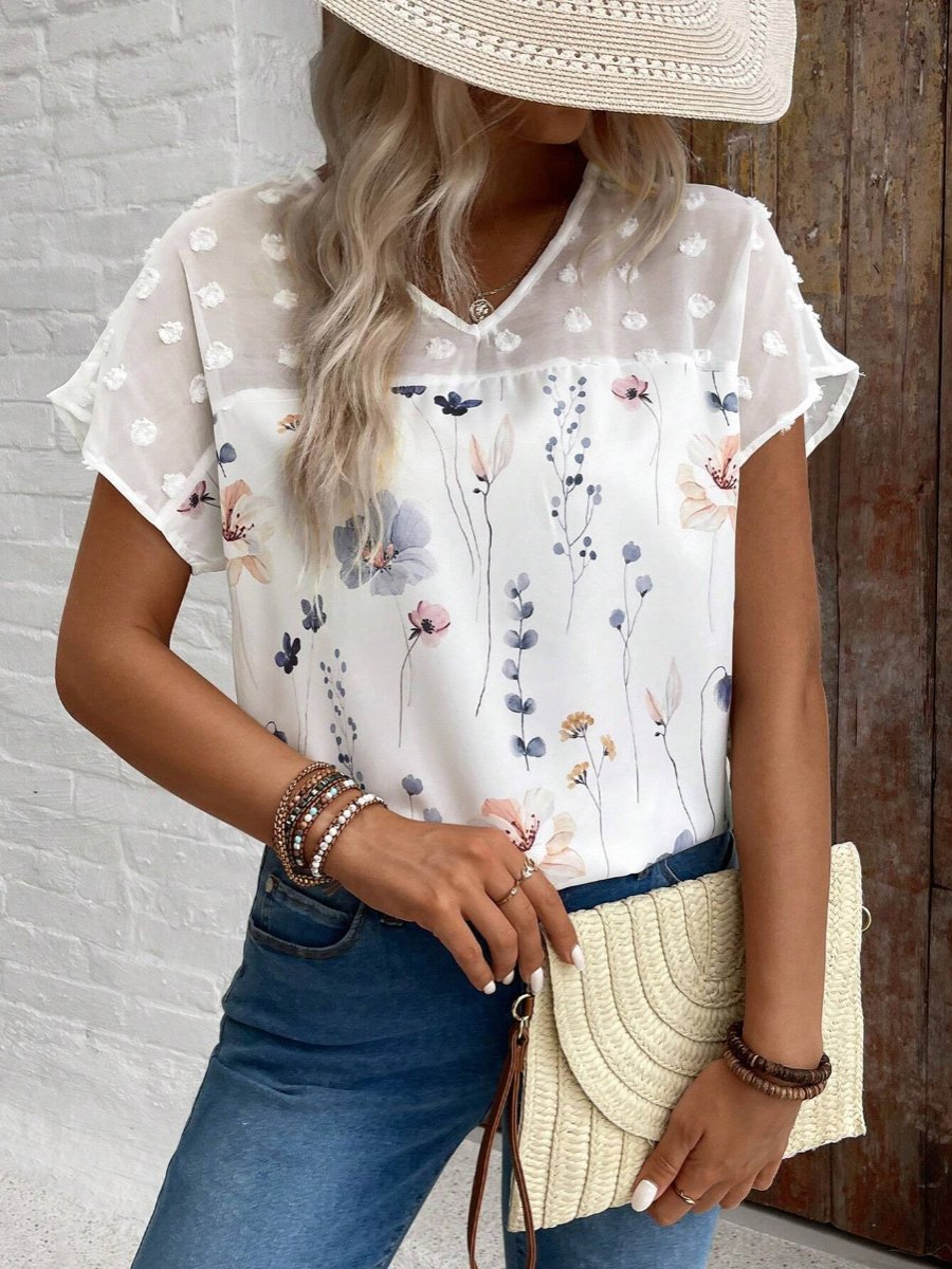 V-neck Lace Patchwork Chiffon Blouse