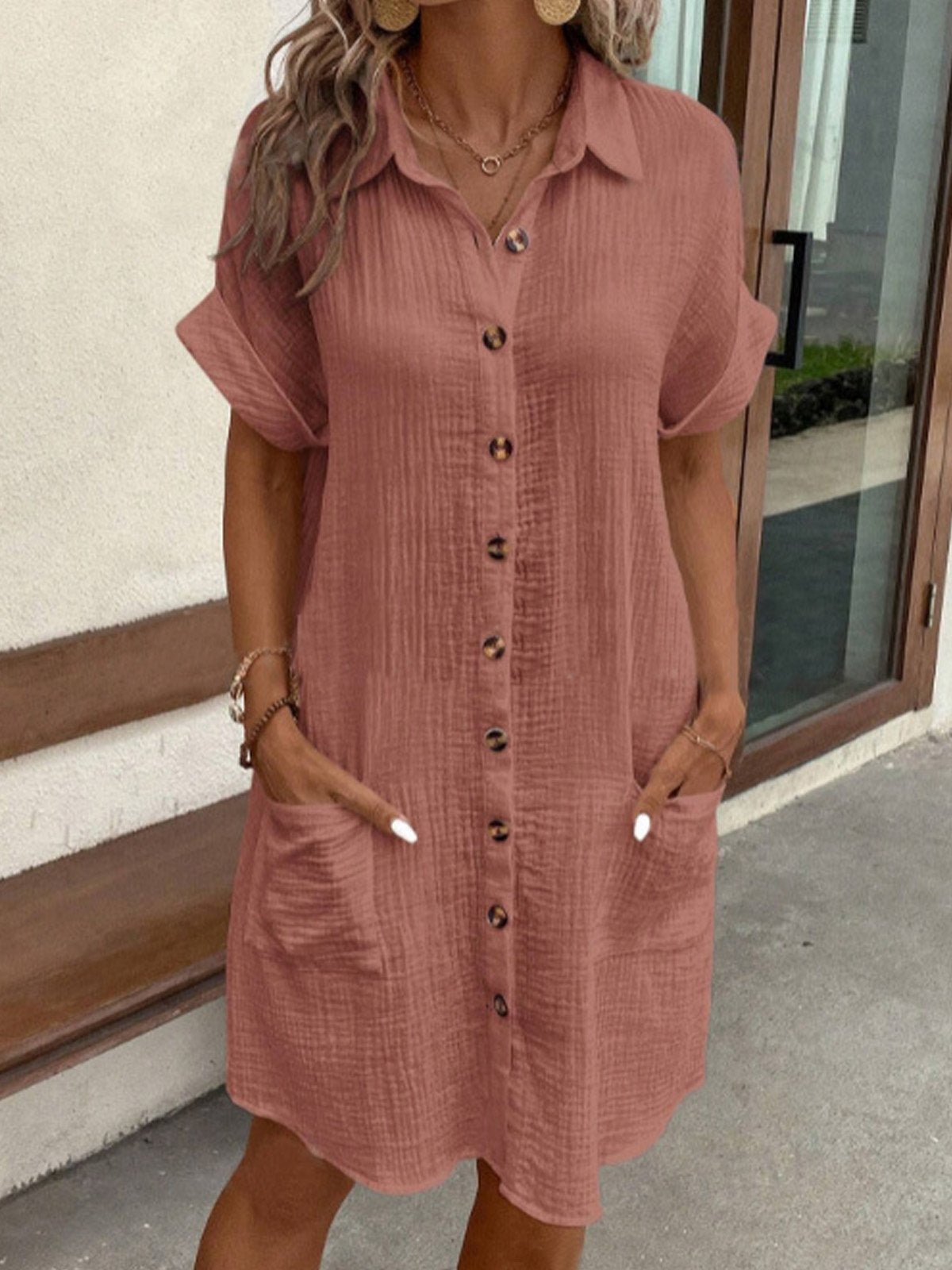 Solid Color Lapel Pocket Shirt Dress