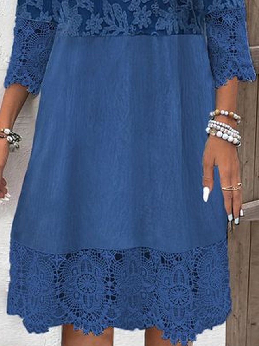 V-Neck Lace Buttons Midi Dress