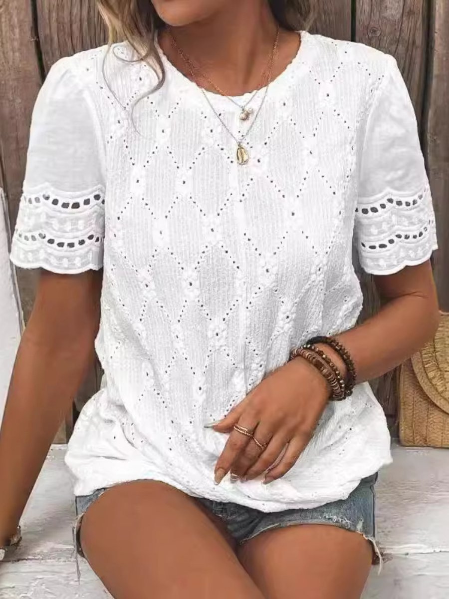 Round-neck Hollow Out Lace Trim Short-sleeve T-shirt