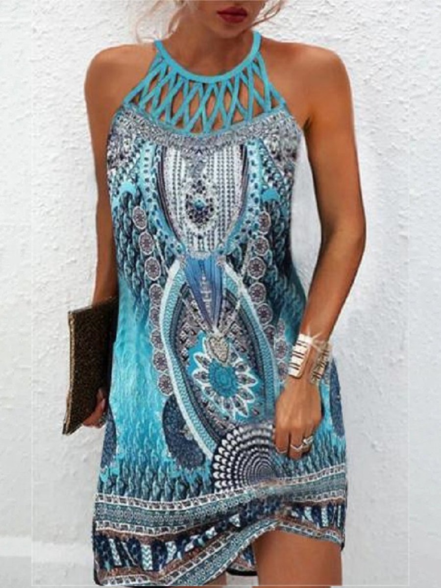 Ethnic Print Mesh Sleeveless Midi Dress