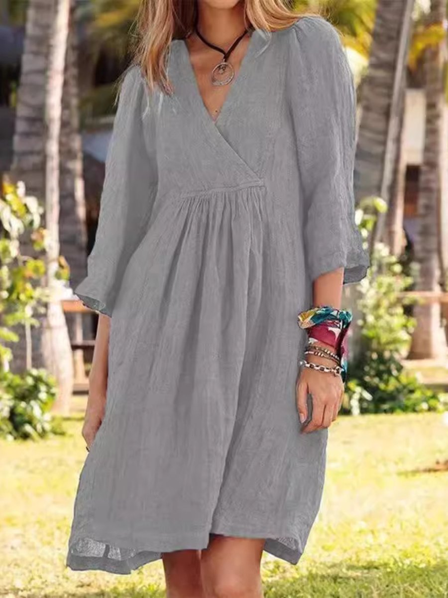 V-neck Cotton and Linen Casual Dress