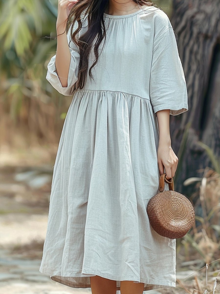 Round Neck Casual Cotton Linen Midi Dress