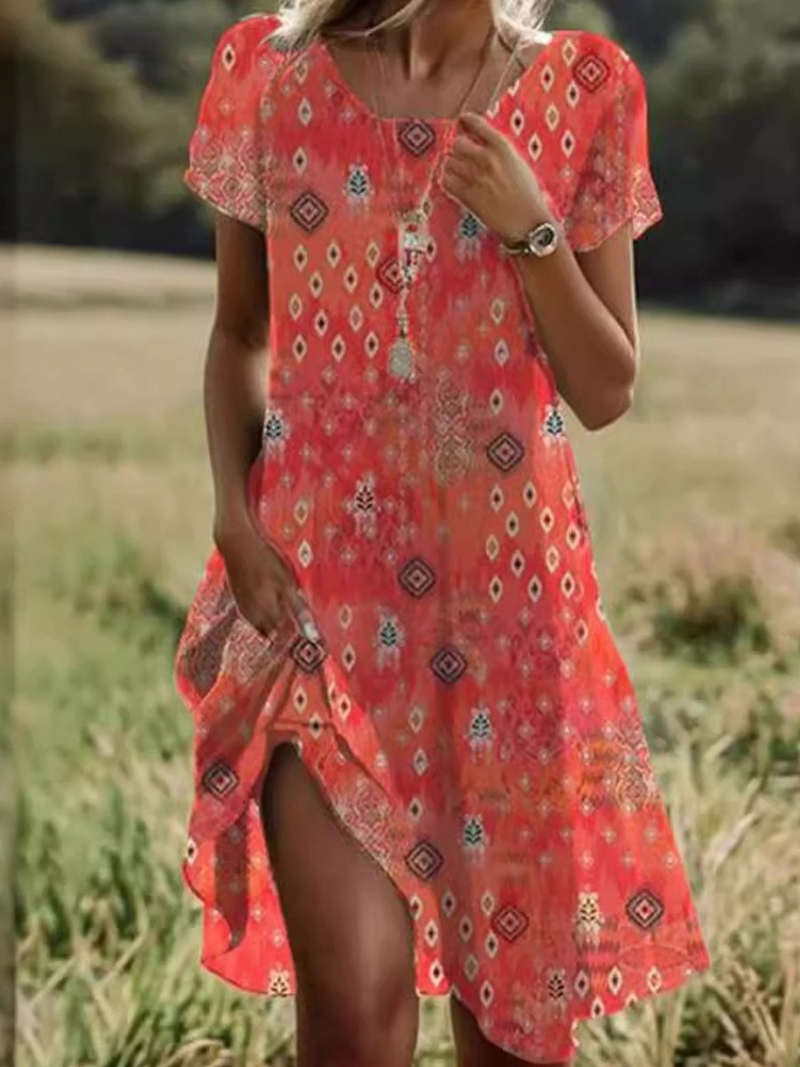 Ethnic Style Round Neck Floral Dress