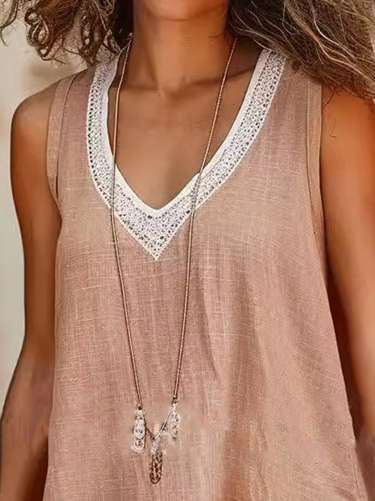 Lace V-Neck Slit Tank Top