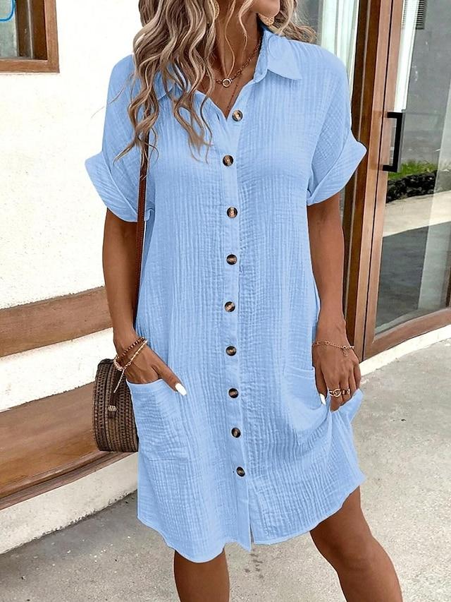 Solid Color Lapel Pocket Shirt Dress