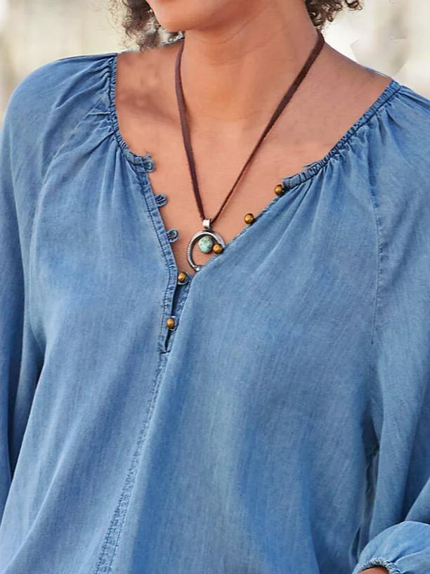 V-neck Button Denim Lantern Sleeve Top