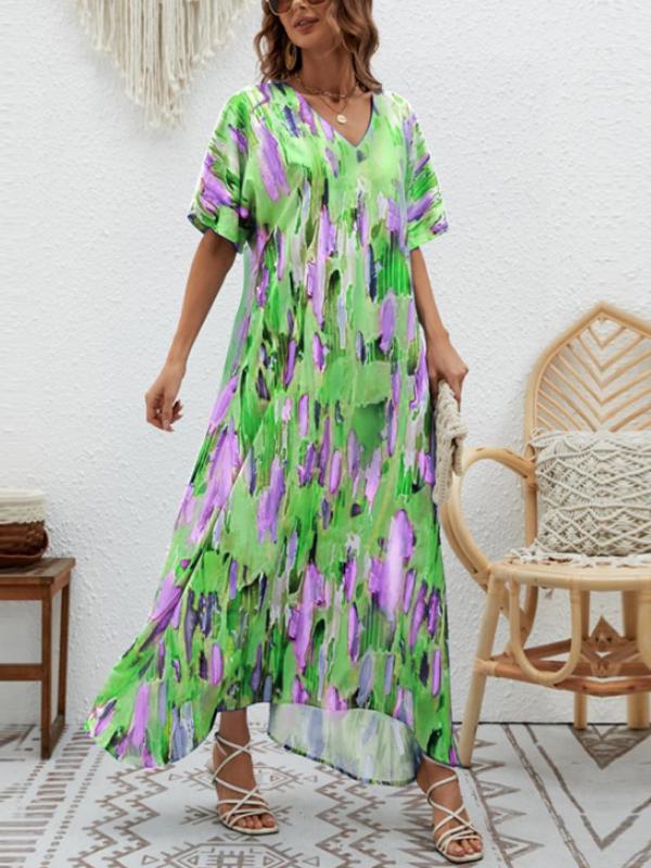 V-neck Floral Print Wide Swing Maxi Dress