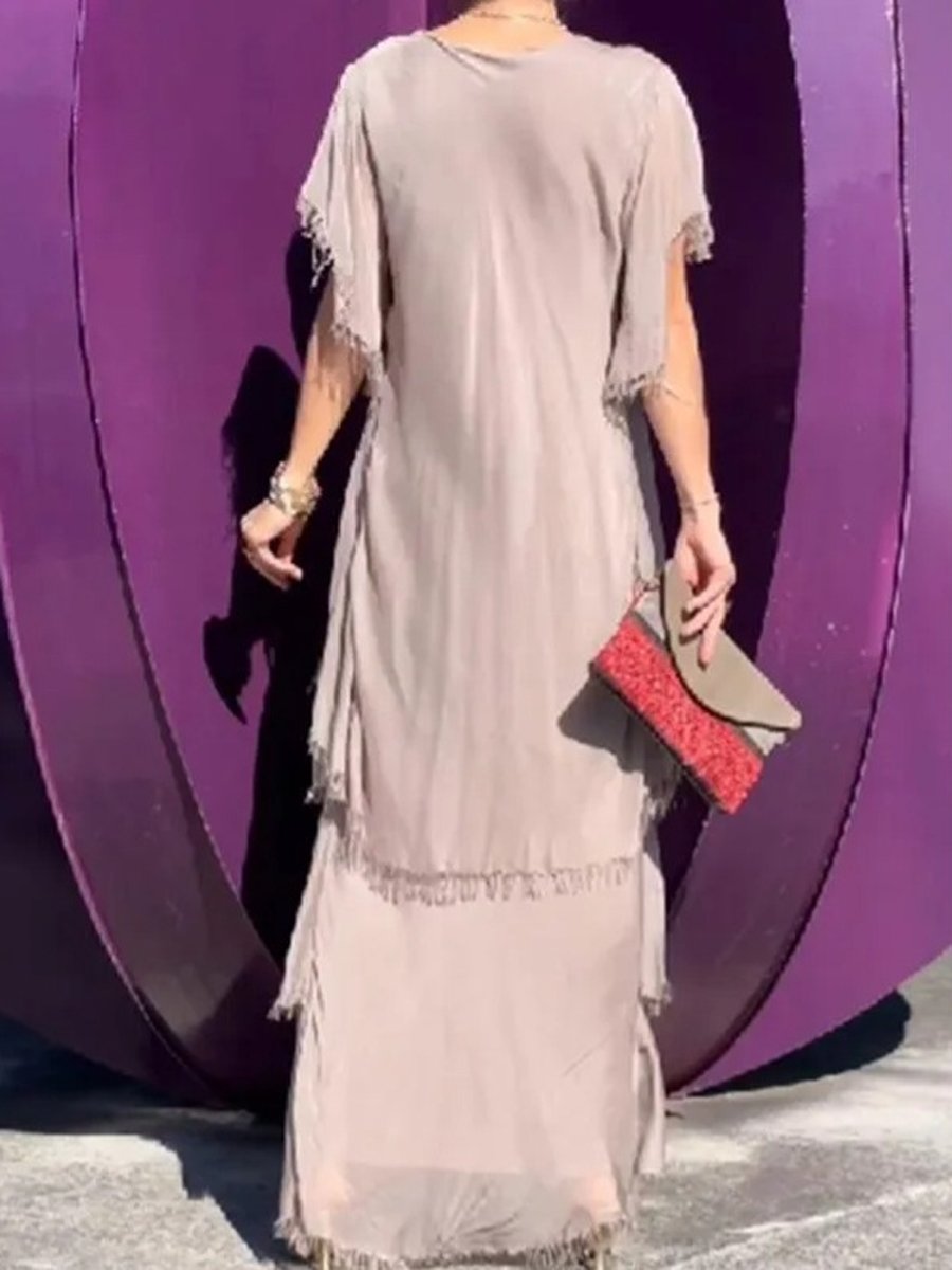 V-Neck Fringe Maxi Dress