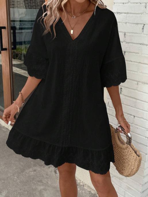 V-neck Lace Trim Loose A-line Dress