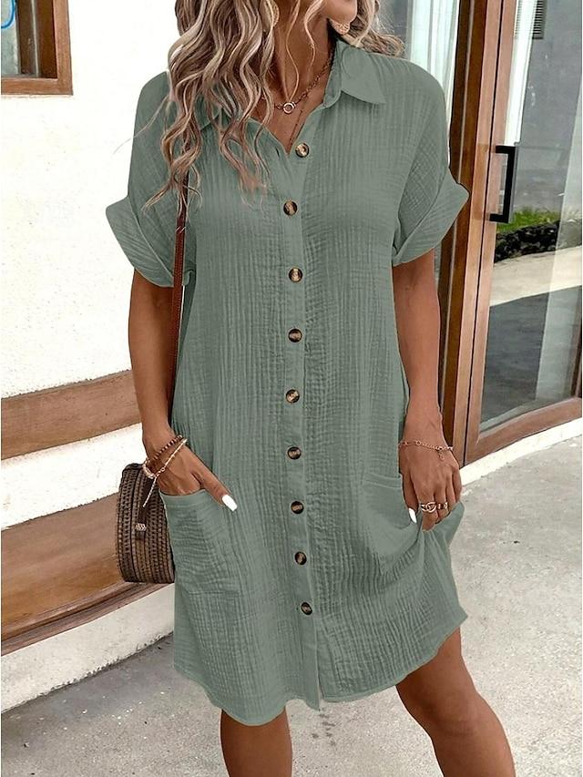 Solid Color Lapel Pocket Shirt Dress