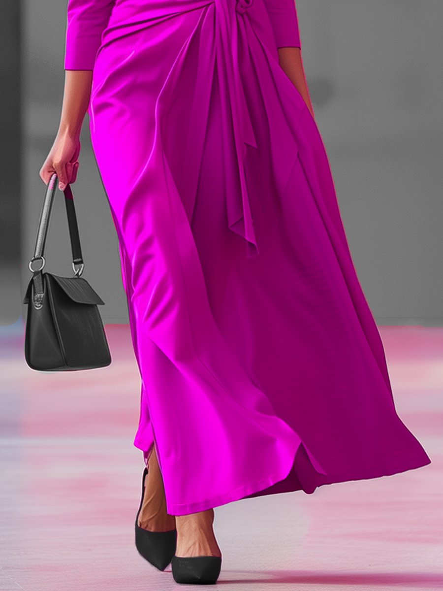 V-Neck Mid-Length Sleeve Tie Maxi Dress