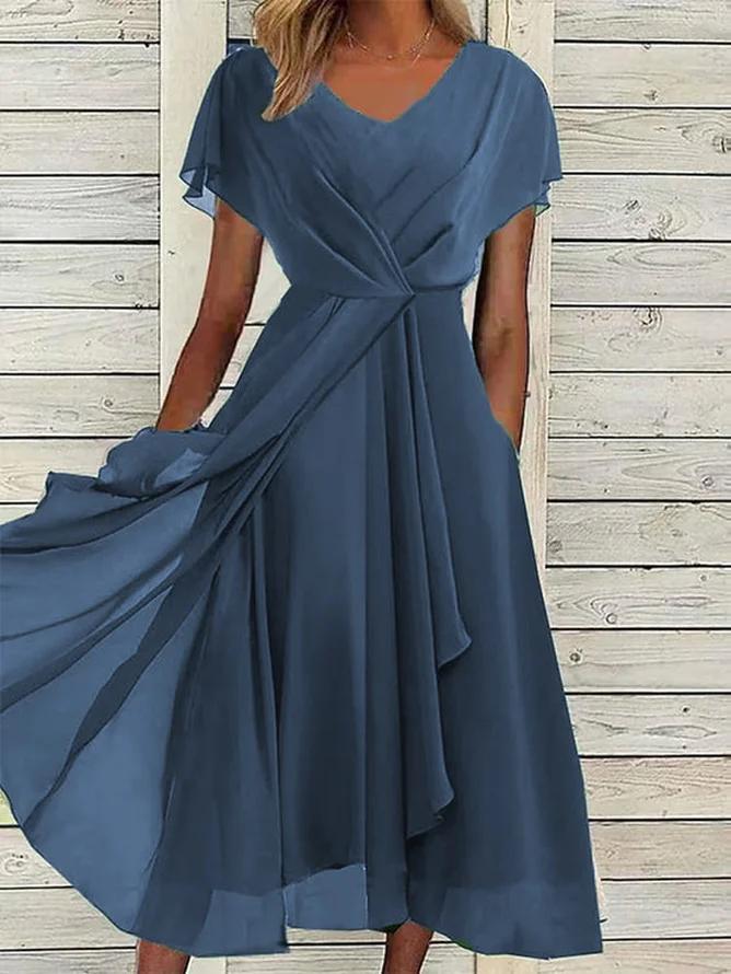 V-neck Pleated Solid Color Chiffon Dress