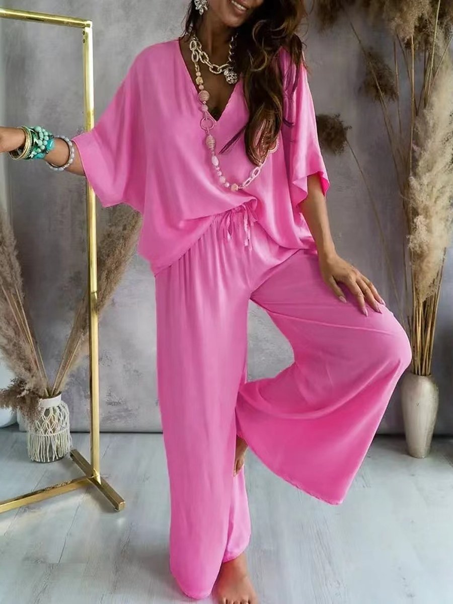 V-Neck Bat Sleeve T-Shirt Wide-Leg Pants Set