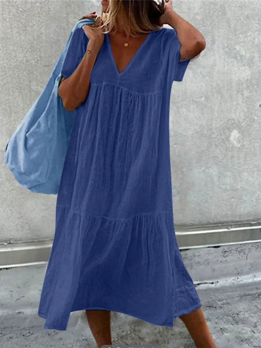 V-neck Cotton and Linen Maxi Dress