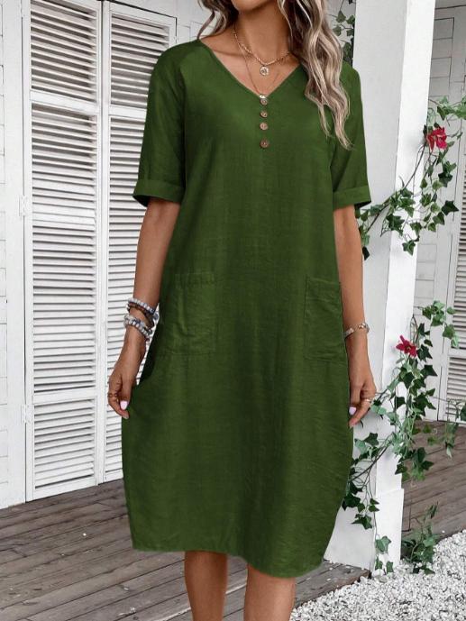 V-neck Cotton and Linen Solid Color Casual Dress