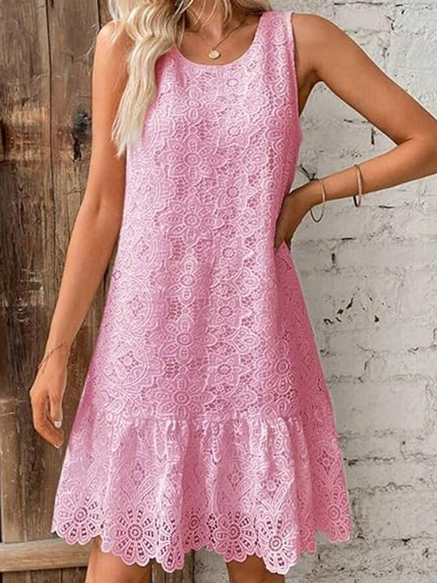 Round Neck Embroidered Sleeveless Ruffle Dress