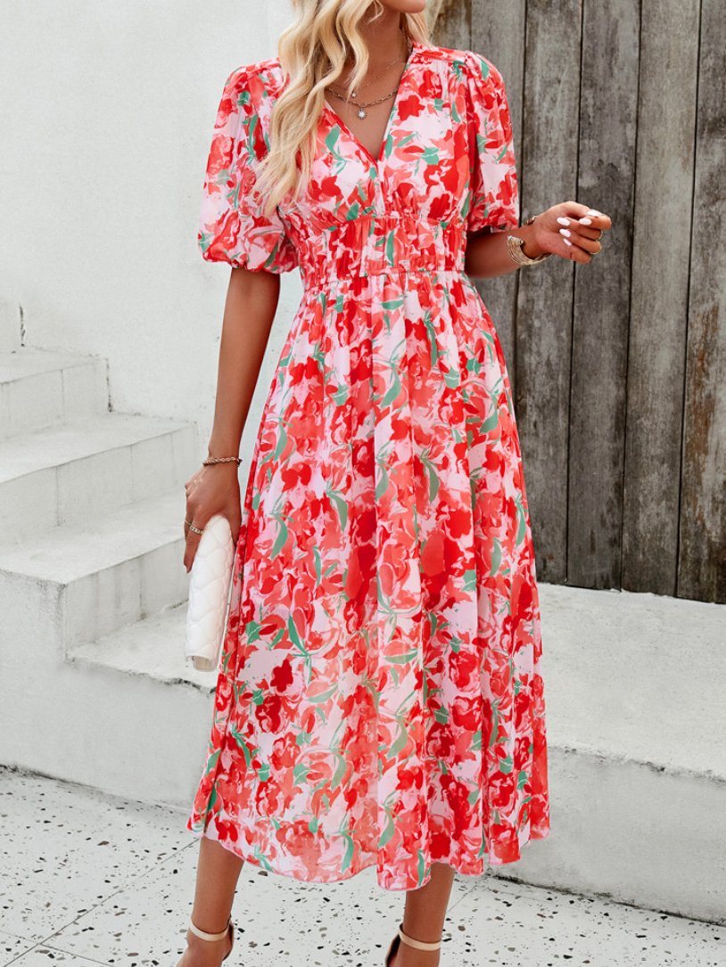 V-Neck Lantern Sleeves Printed Elastic Waist Chiffon Dress