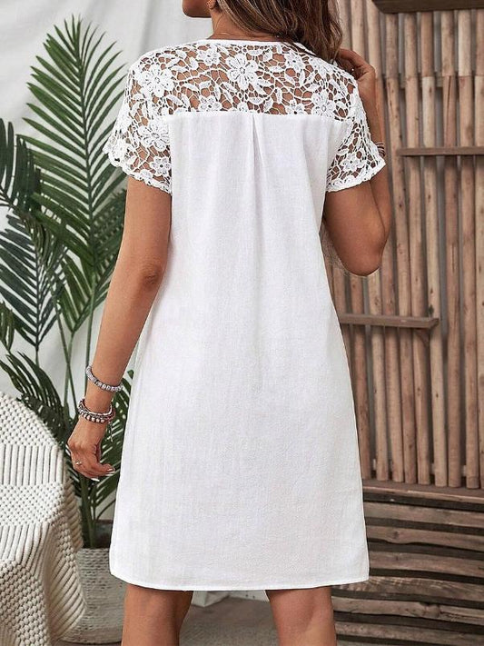 Hollow-out Lace Pacthwork Cotton and Linne Dress