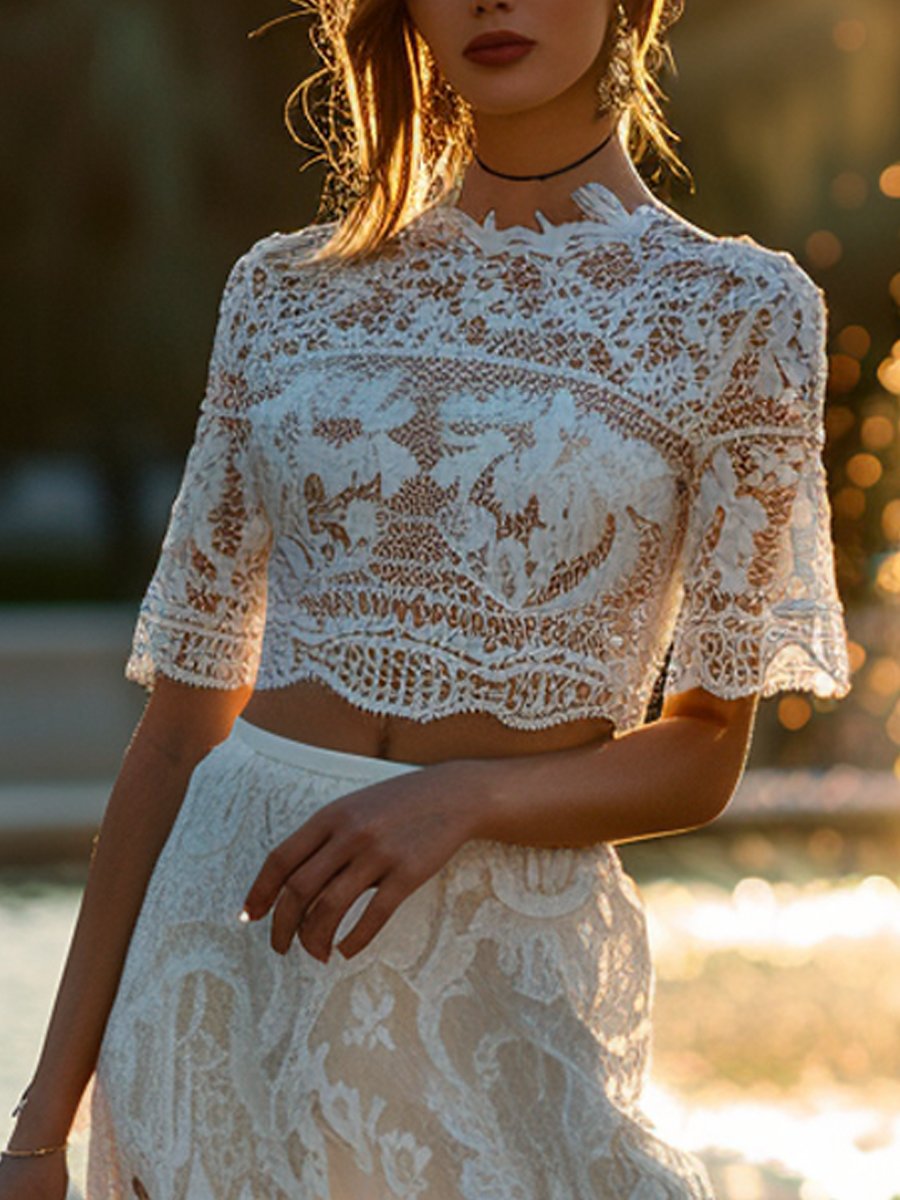 Short-Sleeved Lace T-Shirt Long Skirt Set