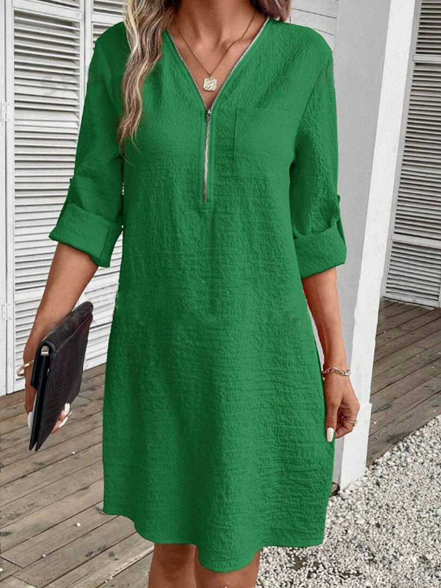 Cotton Linen Zipper V-Neck Long Sleeve Dress