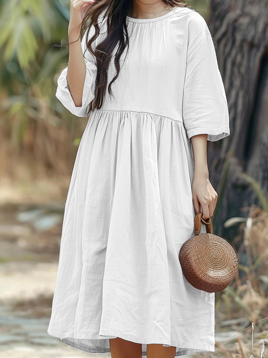 Round Neck Casual Cotton Linen Midi Dress