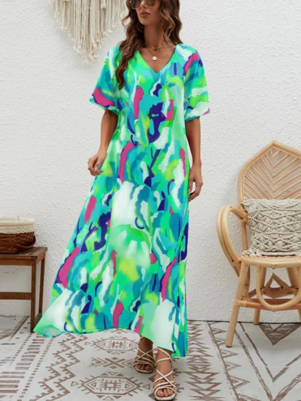 V-neck Floral Print Wide Swing Maxi Dress