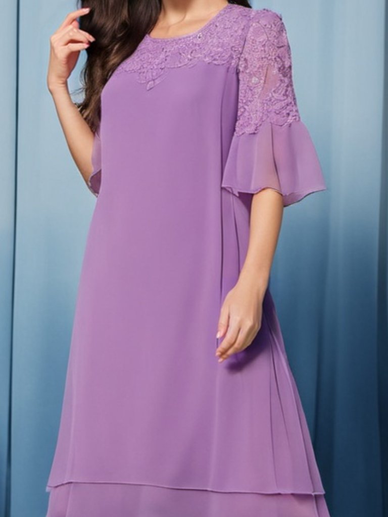 Elegant Lace Trim Patchwork Chiffon Dress