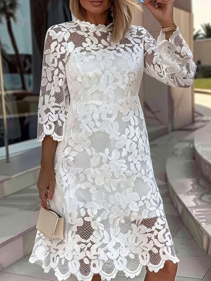 Elegant Round Neck Lace Midi Dress