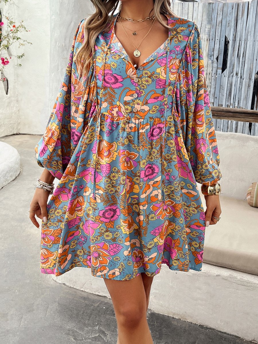 Ethnic Half-button Lantern Sleeve Loose Dress