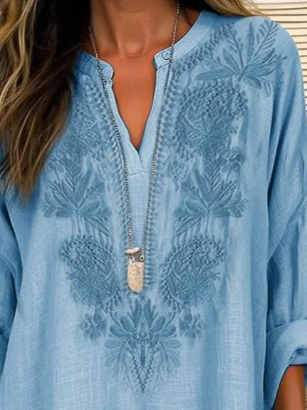 Women's Linen V Neck Long Sleeve Blouse