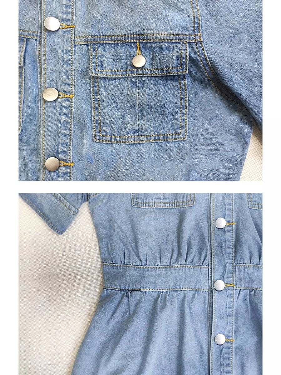 Buttoned Slim Fit Pocket Lapel Short Sleeve Denim Dress