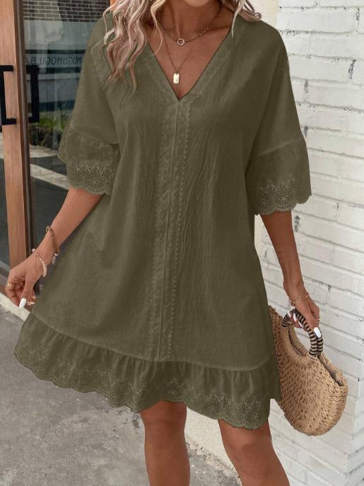 V-neck Lace Trim Loose A-line Dress