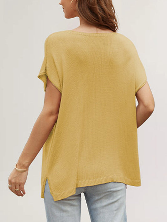 V-neck Solid Color Slit Loose Short-sleeved Sweater T-shirt