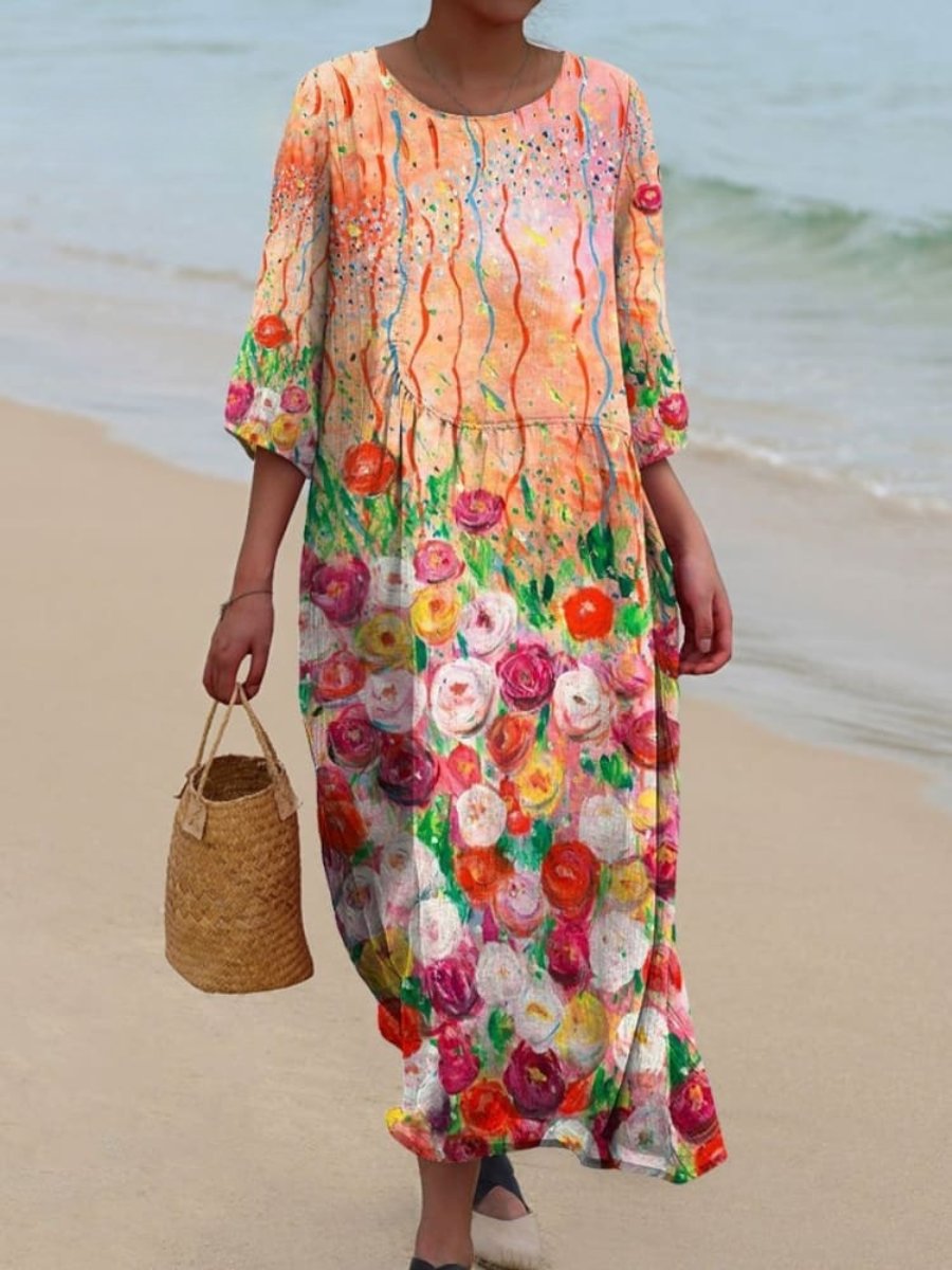 Cotton Linen Printed Patchwork Maxi Dress