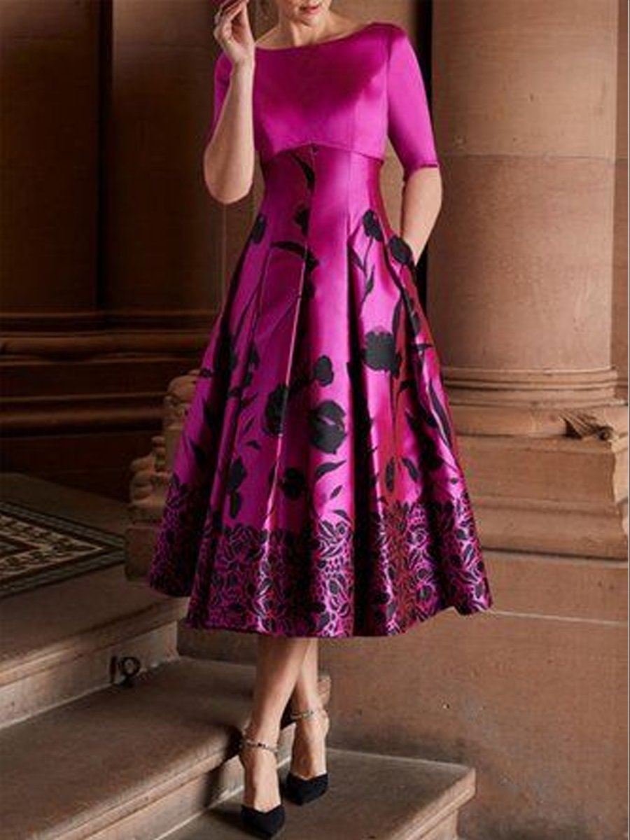 Elegant Mid-Length Sleeve Floral Pleated Dress