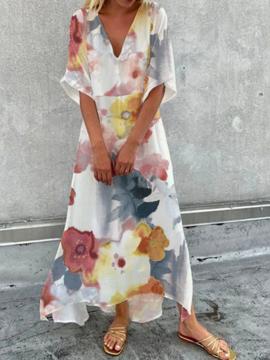 V-neck Printed Full Skirt Maxi Dress