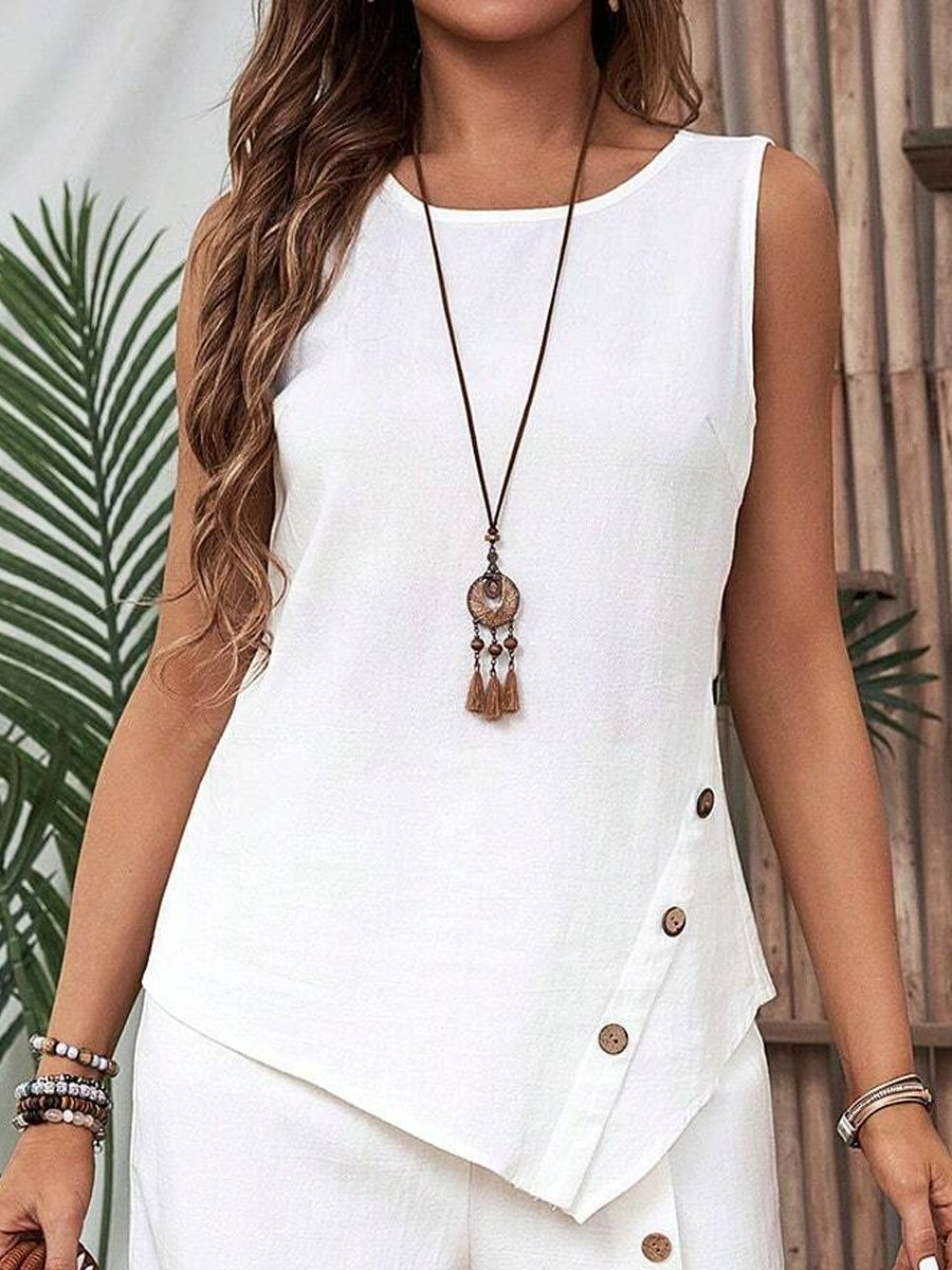 Sleeveless Buttoned Cotton Tank Top