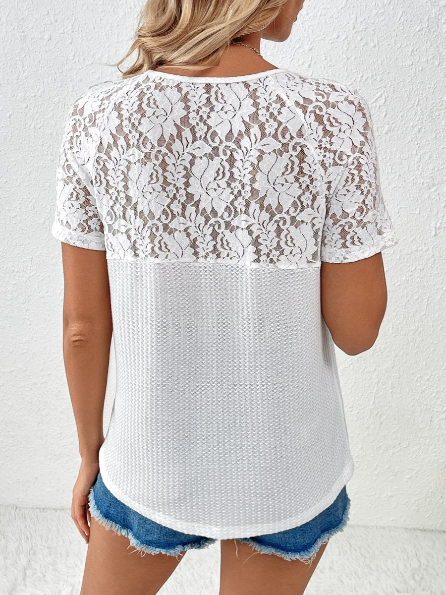 Hollow Lace Patchwork V-neck Loose T-shirt