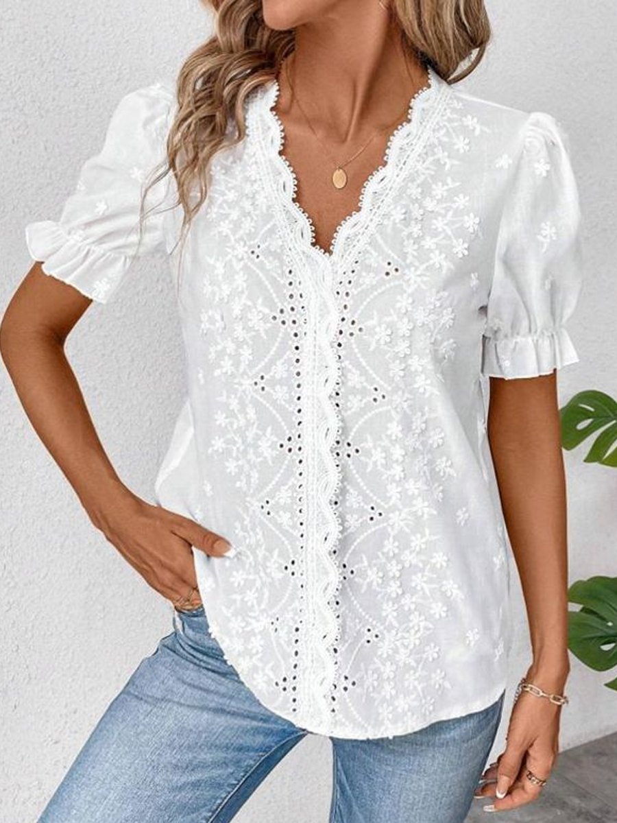 Hollow Embroidered Ruffle Sleeve Short Sleeve T-Shirt