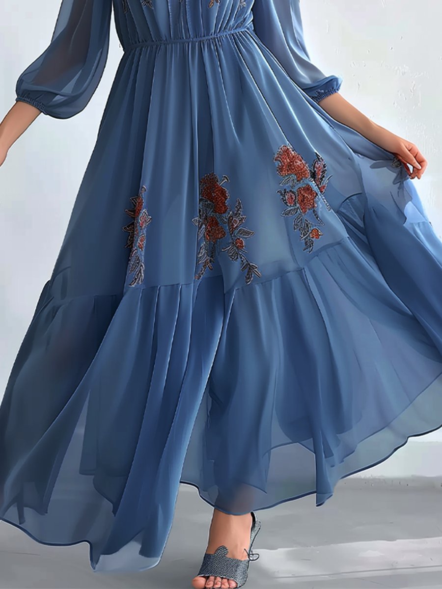 Elegant Embroidery V-Neck Mid-Length Sleeves Dress