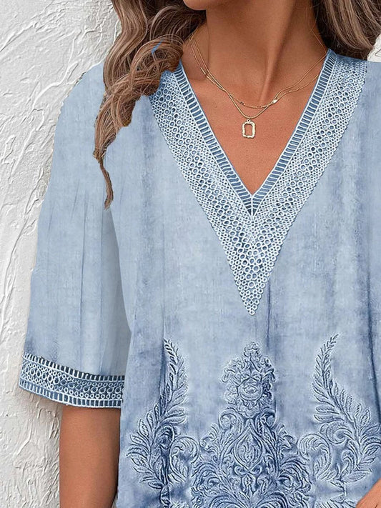 V-neck Hollow-out Lace Casual Top