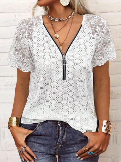 Elegant Hollow Out Lace Patchwork Zipper Top